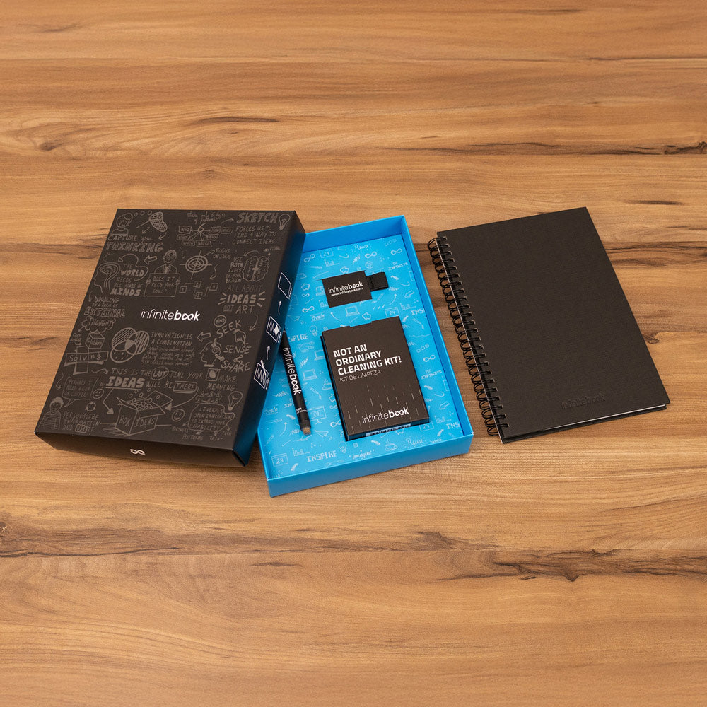 STARTER KIT INFINITEBOOK A5 PLANNER TEXTURE. Kit composto por “Infinitebook” com capa dura, 1 kit de limpeza, 1 marcador e 1 suporte para esferográfica