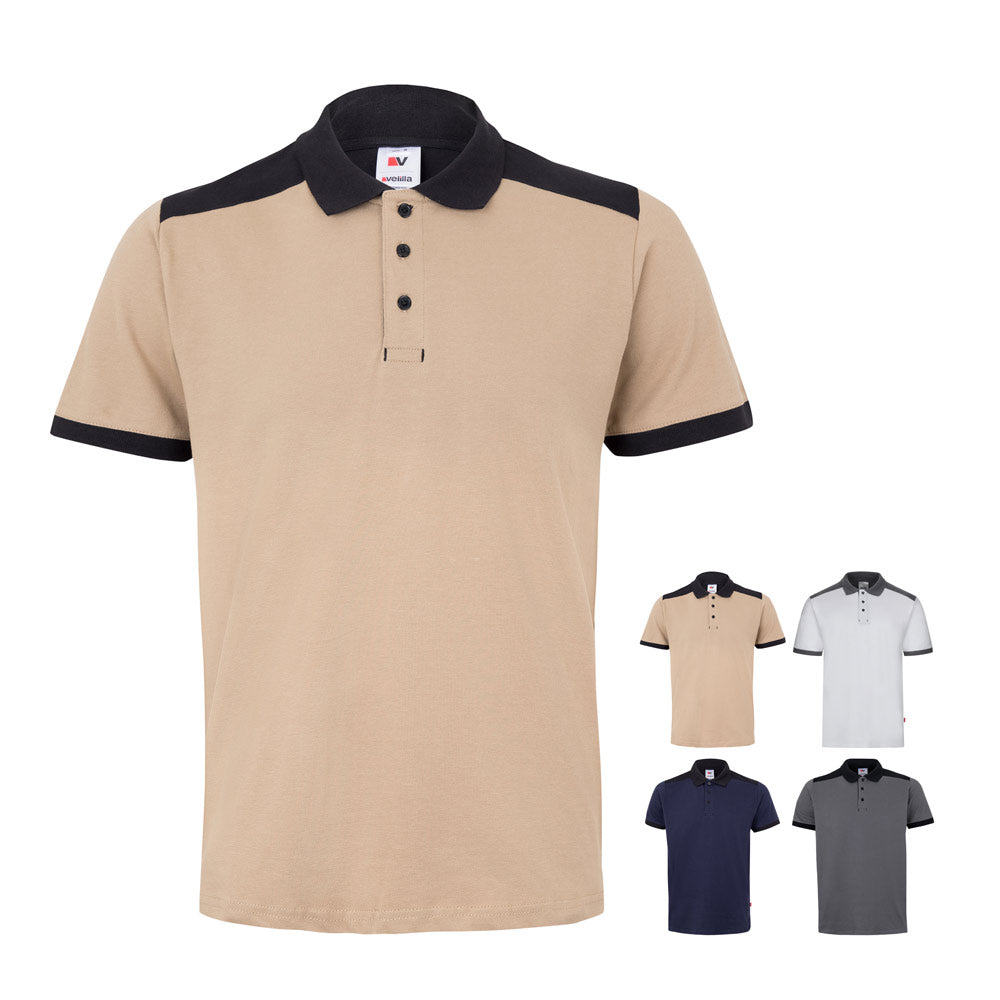 VL VELES. Polo piqué stretch bicolor (200g/m²) de manga curta, em poliéster (96%) e elastano (4%)