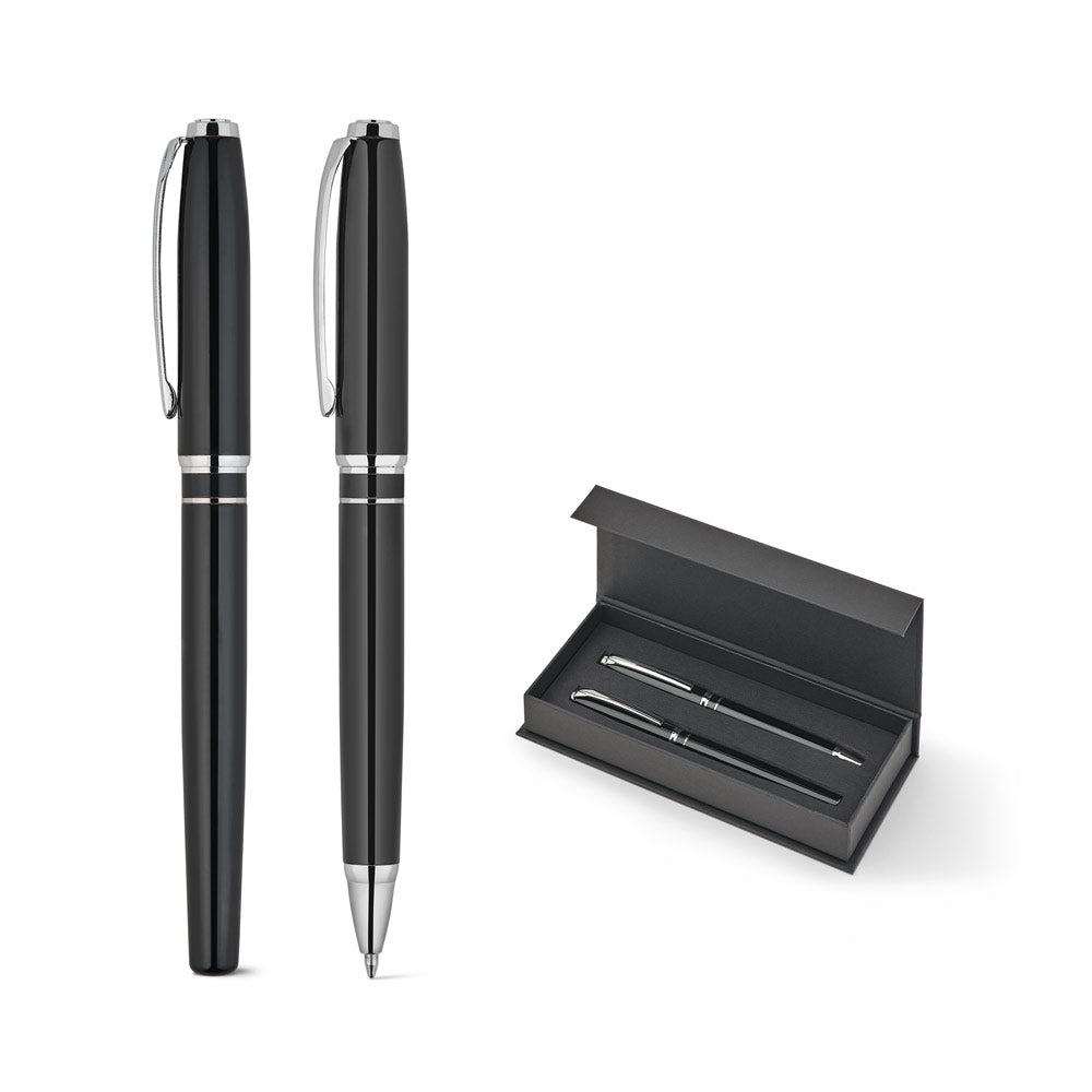 SARAMAGO. Set premium de 1 esferográfica e 1 roller em cobre e aço inoxidável, com escrita em azul