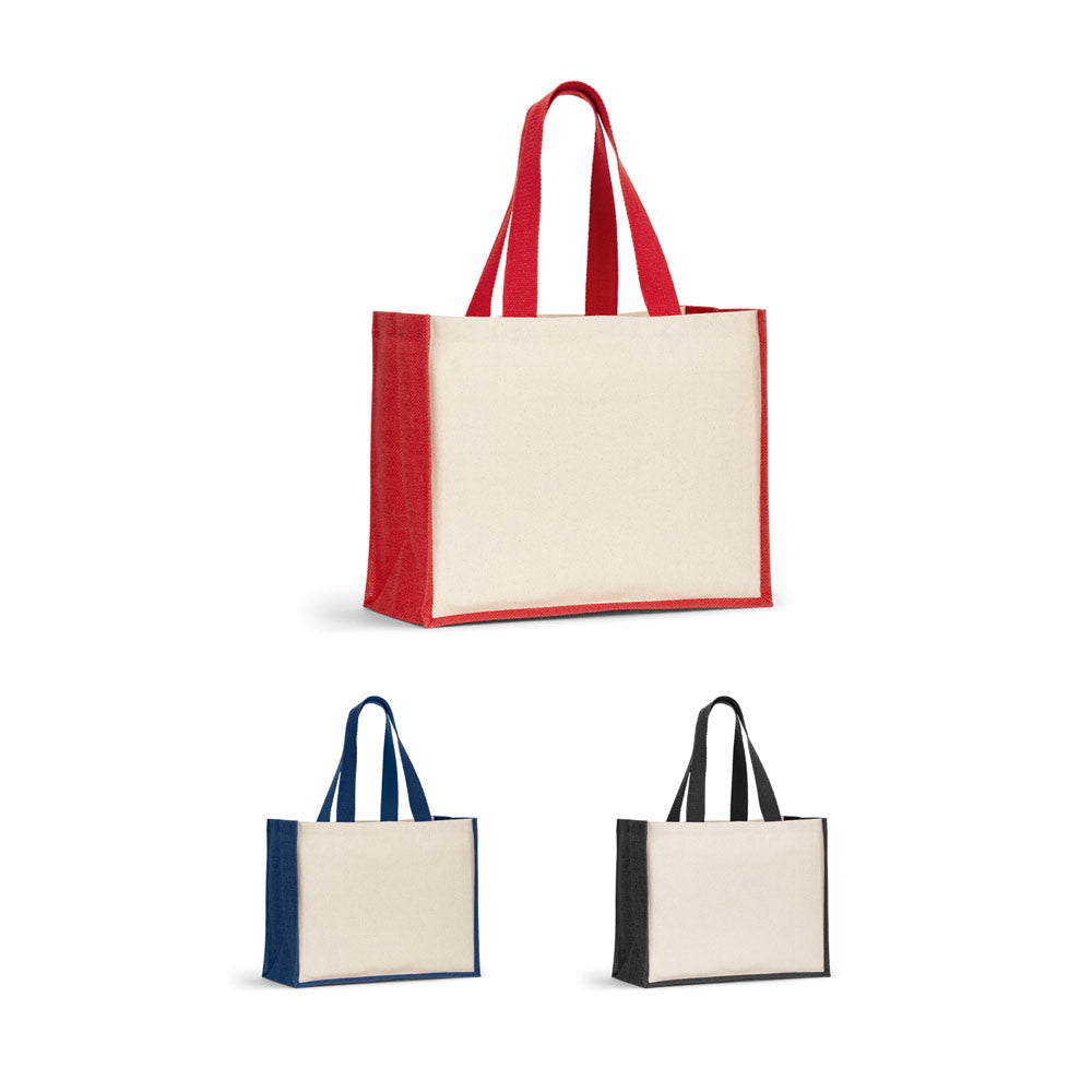 HELSINQUE COLOUR. Saco em canvas (320 g/m²), com fundo e laterais em juta laminada (350 g/m²) coloridos