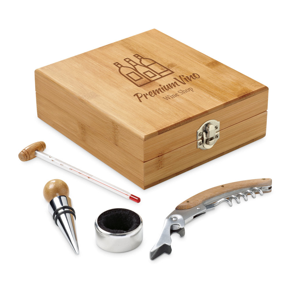 CABERNET. Conjunto para vinho em bambu, zinco e aço inoxidável