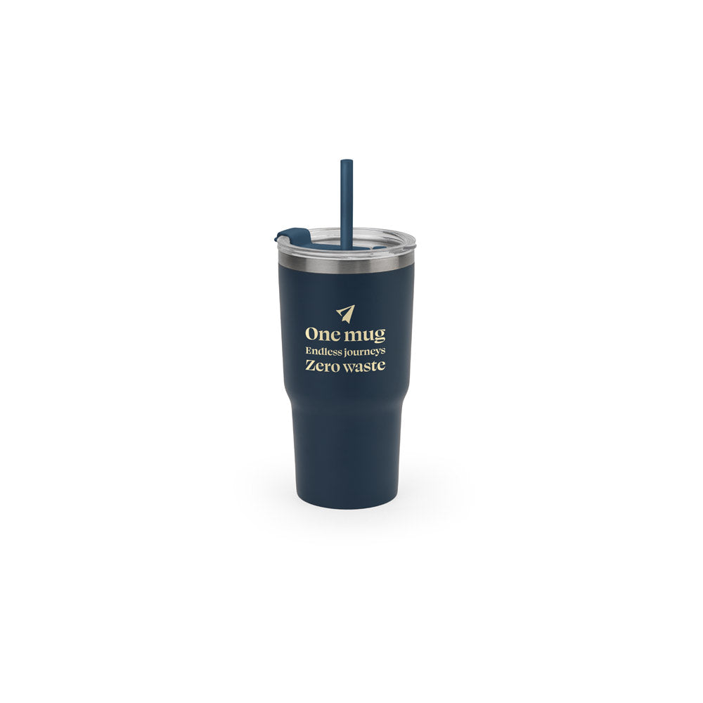 JOYNER M. Copo de viagem compacto em aço inoxidável (91% reciclado) com parede dupla isolada a vácuo e acabamento mate 600 mL