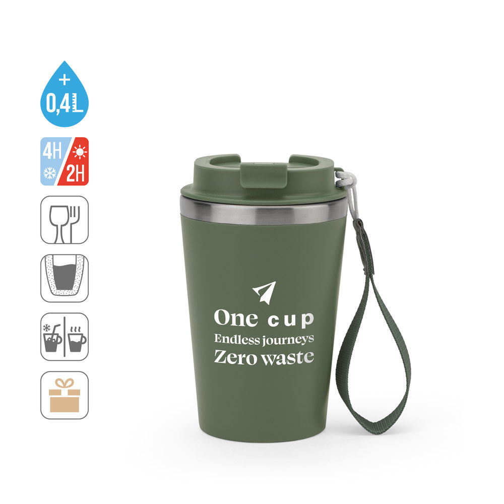 SPITZ. Copo de viagem em aço inoxidável (90% reciclado) e parede externa em PP, com acabamento em mate 440 mL