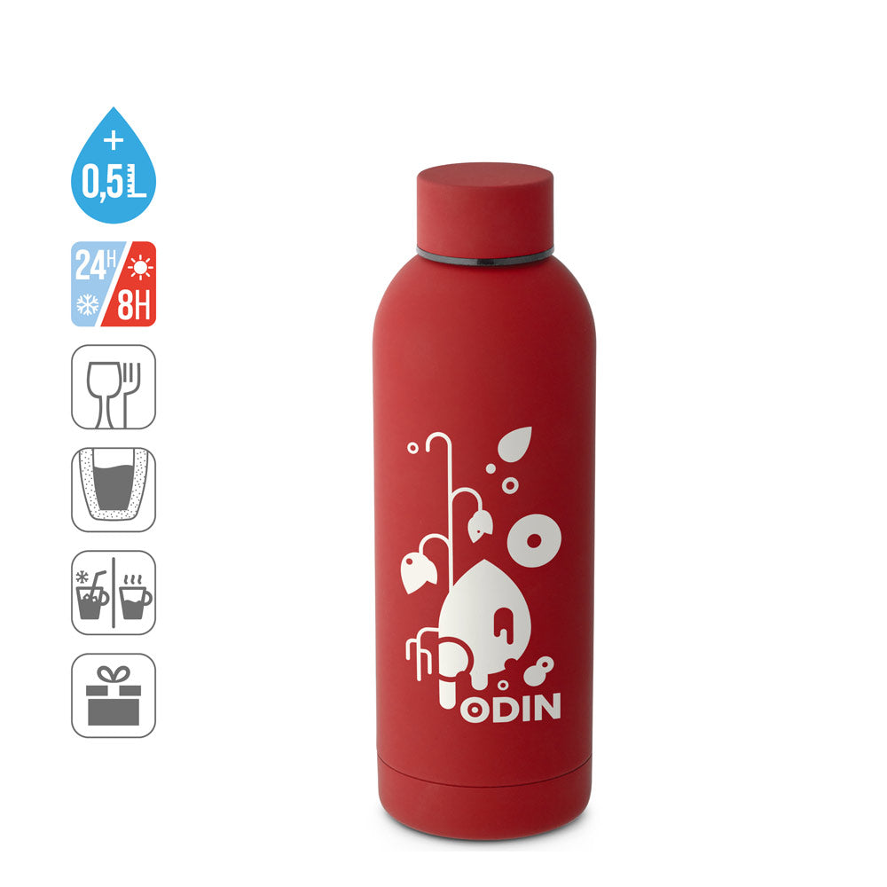 ODIN. Garrafa em aço inoxidável (36% reciclado) com acabamento em borracha 550 mL