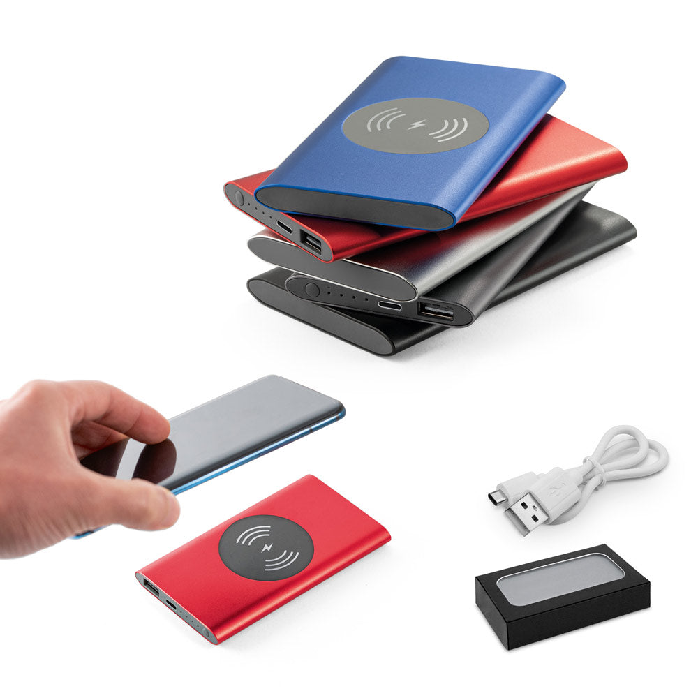 CASSINI. Power bank 4'000 mAh com carregador wireless 5W em alumínio reciclado (100% rAL)