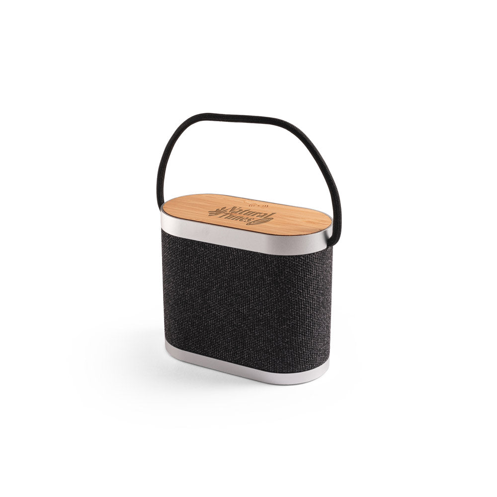 GUETTA. Coluna de som portátil de 5W com carregador wireless super rápido 15W e 2h de autonomia em bambu e PET reciclado (100% rPET)