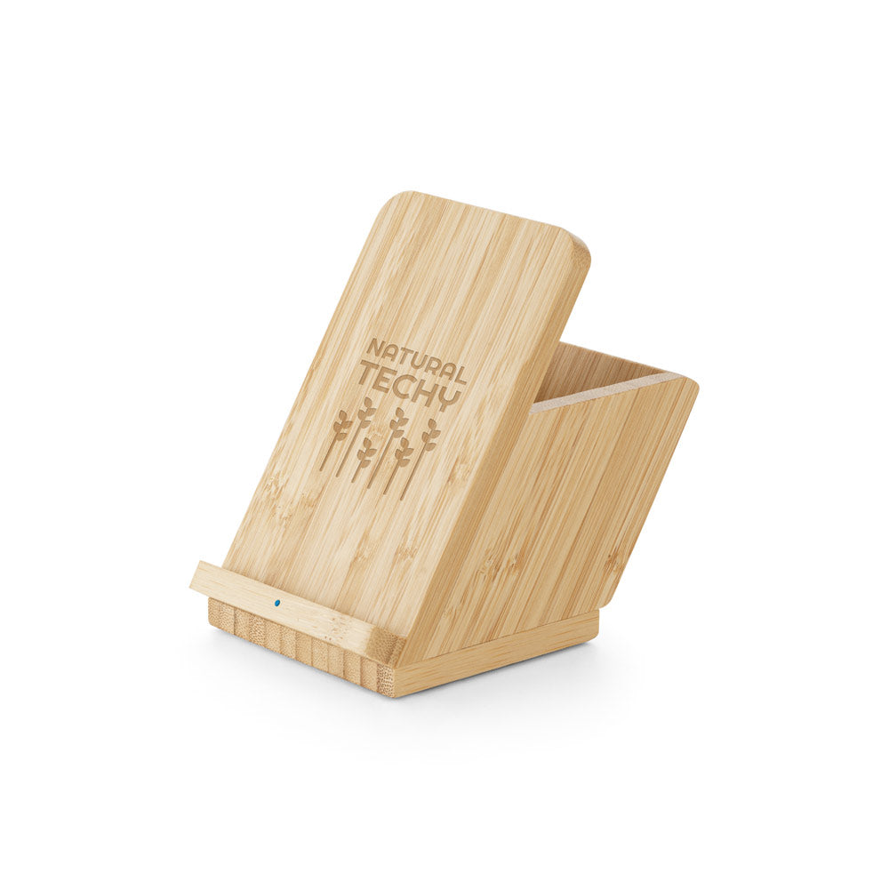 LEAVITT. Suporte para smartphone e porta esferográficas com carregador wireless rápido 10W em bambu