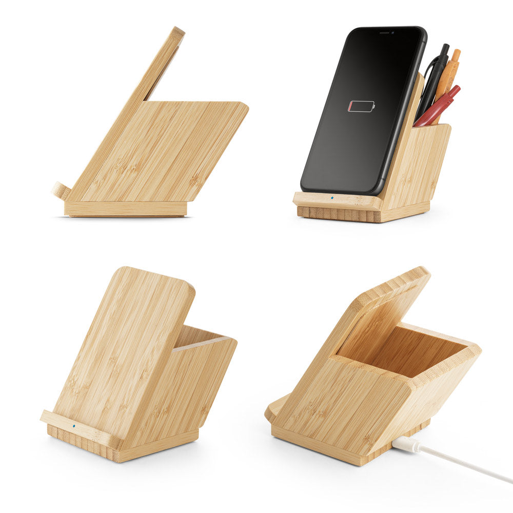 LEAVITT. Suporte para smartphone e porta esferográficas com carregador wireless rápido 10W em bambu