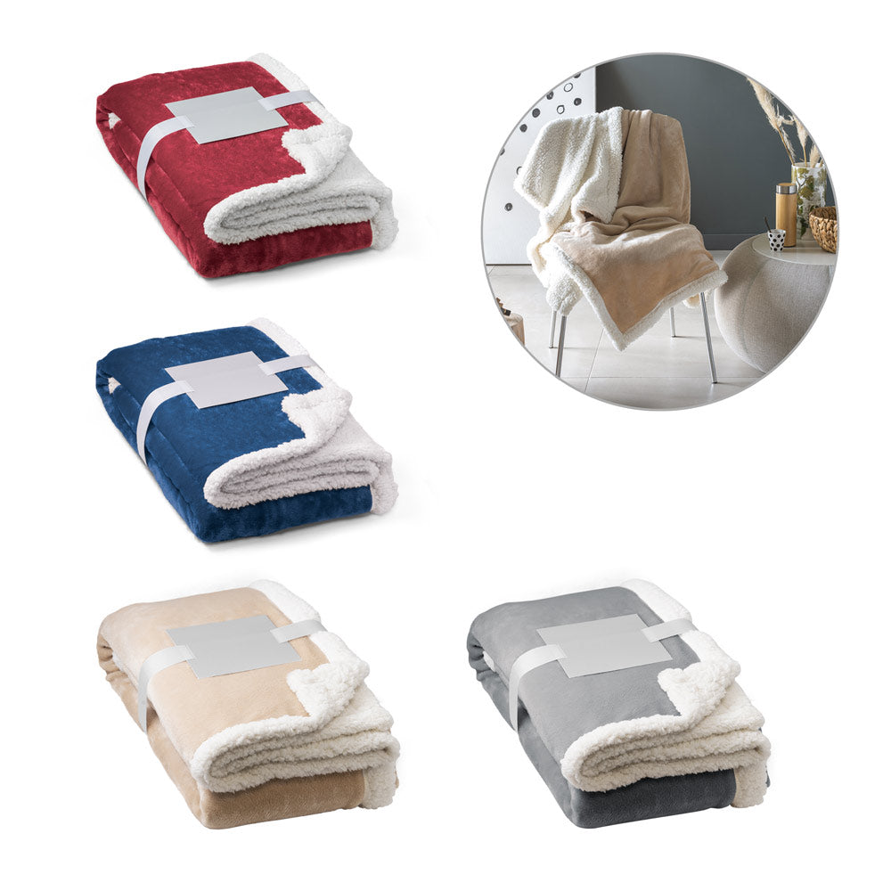 HEIDEN. Manta reversível em tecido polar (190 g/m²) com fita em cetim e cartão personalizável