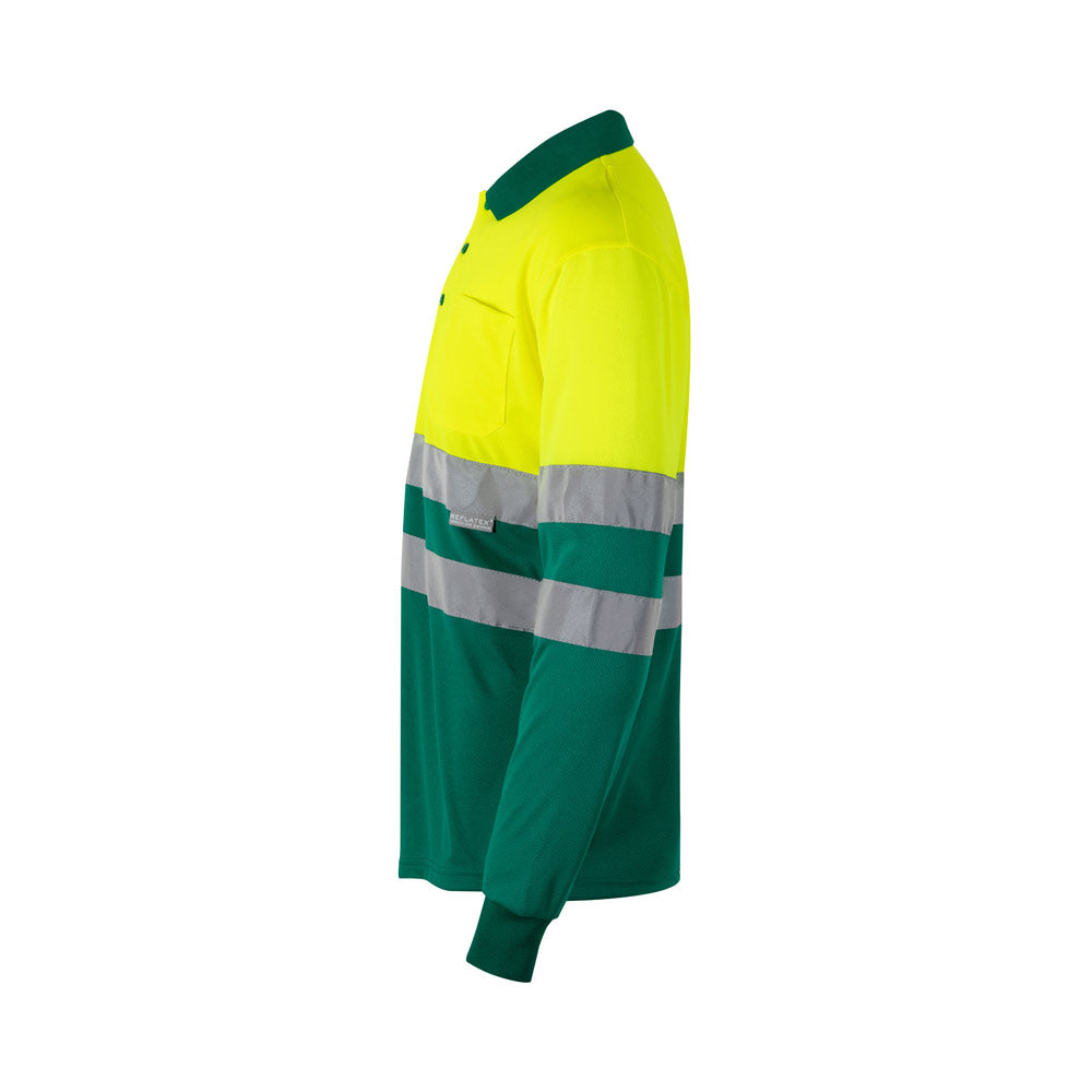 VL VULCAN. Polo bicolor bird-eye (160g/m²) de manga comprida, em poliéster (100%)