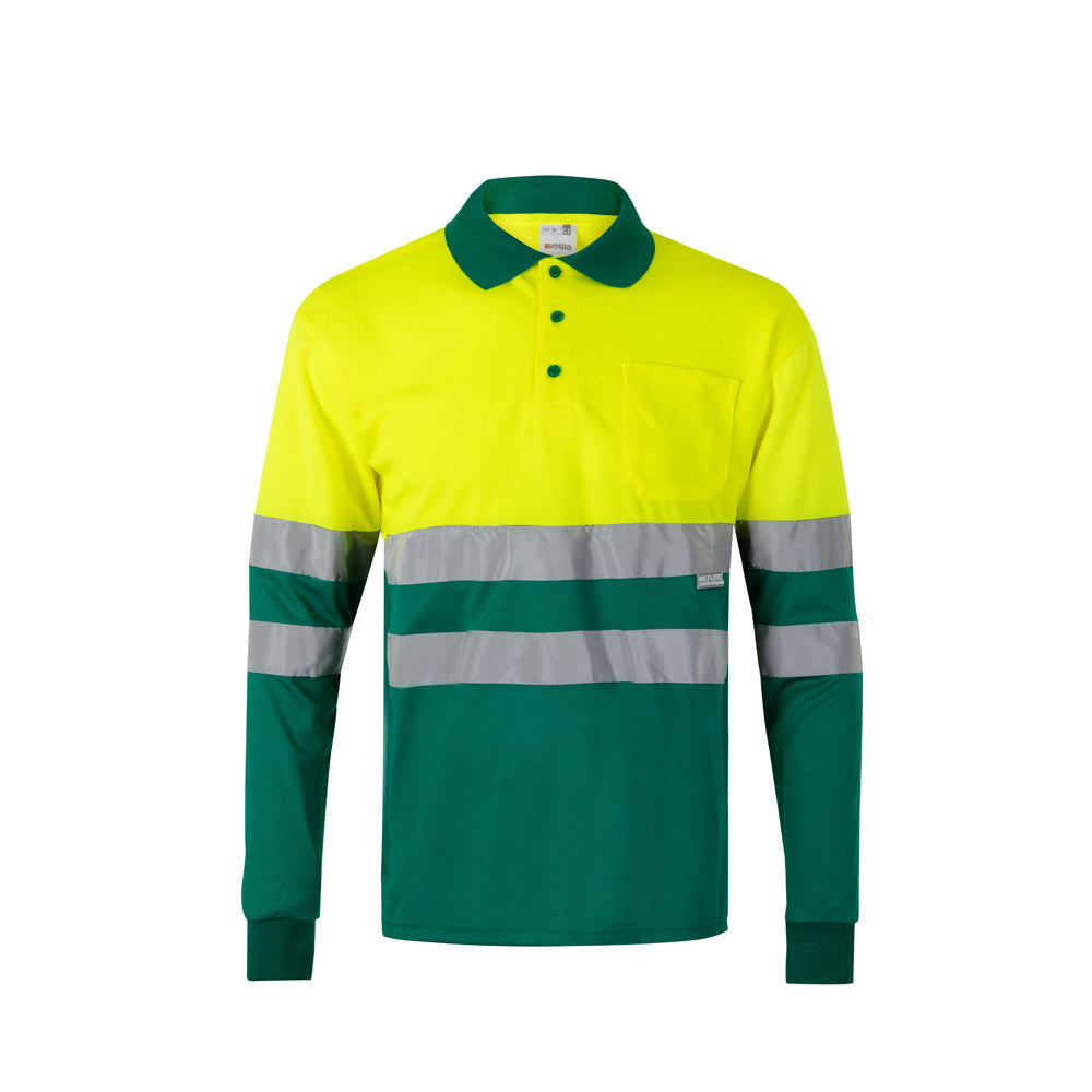 VL VULCAN. Polo bicolor bird-eye (160g/m²) de manga comprida, em poliéster (100%)