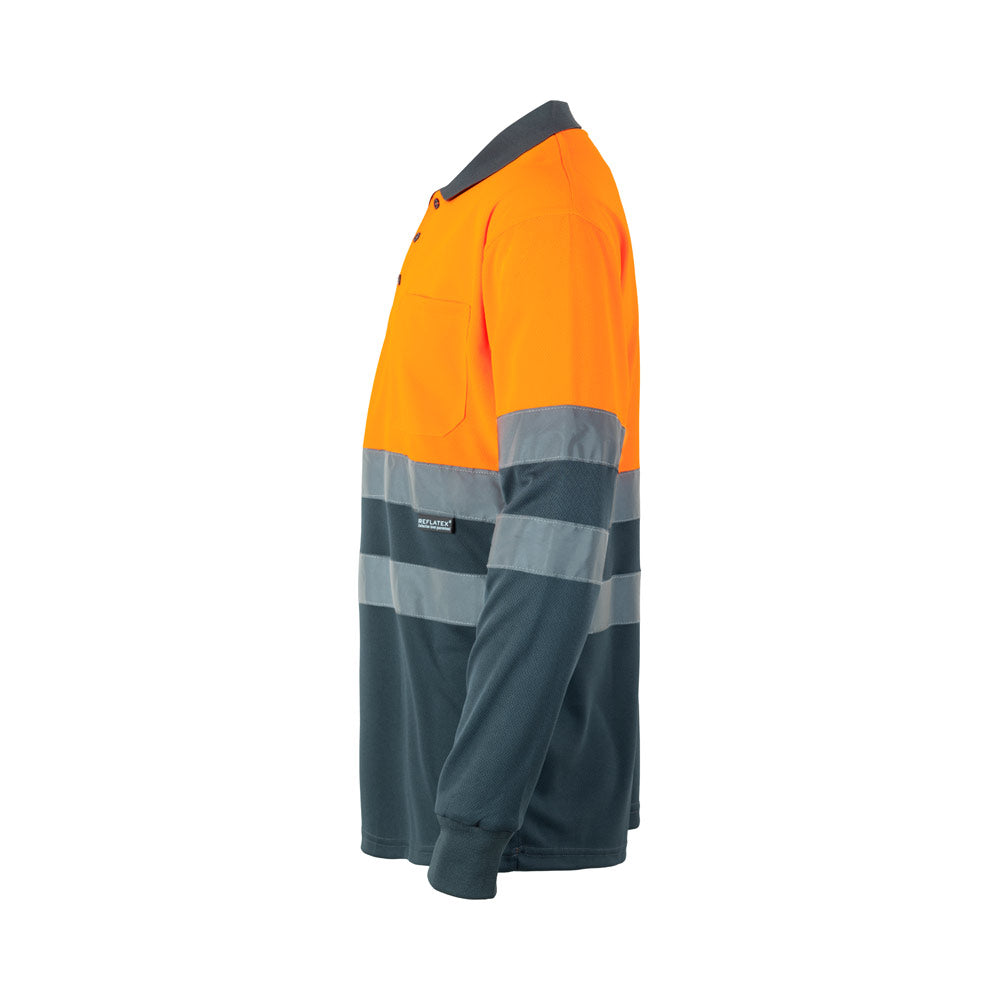 VL VULCAN. Polo bicolor bird-eye (160g/m²) de manga comprida, em poliéster (100%)