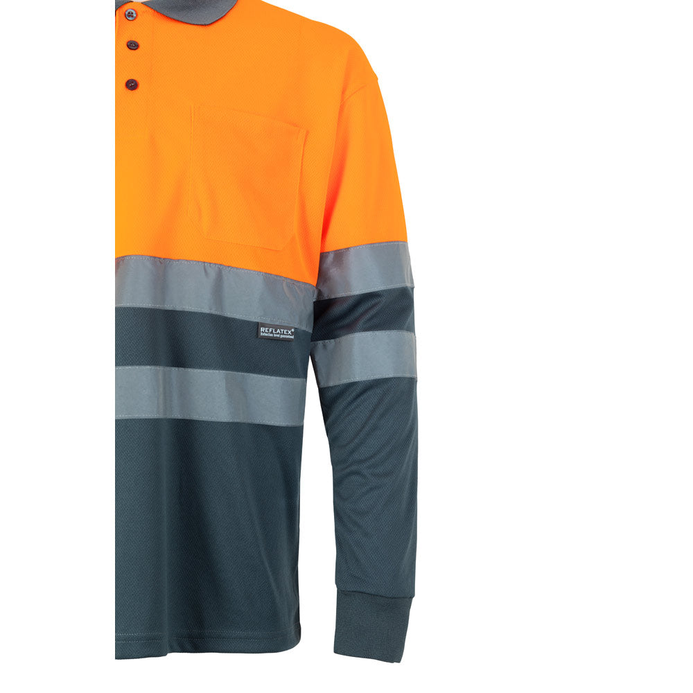 VL VULCAN. Polo bicolor bird-eye (160g/m²) de manga comprida, em poliéster (100%)