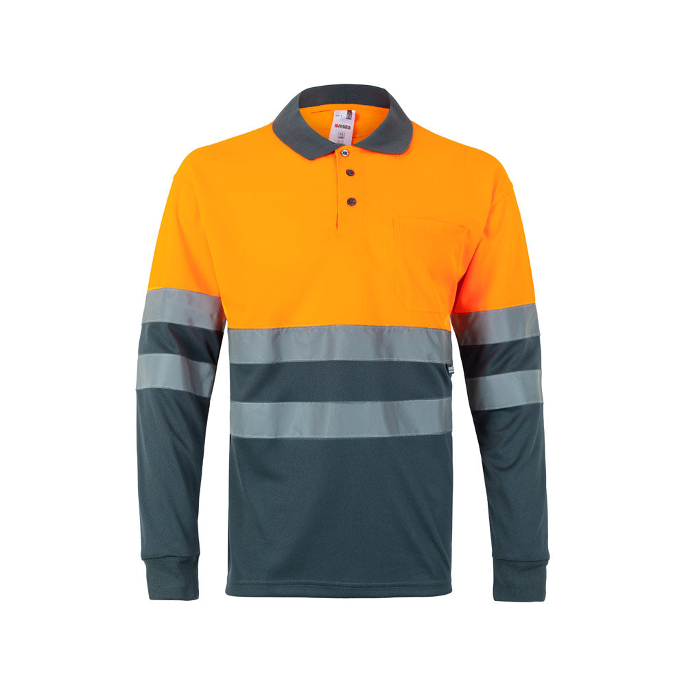 VL VULCAN. Polo bicolor bird-eye (160g/m²) de manga comprida, em poliéster (100%)