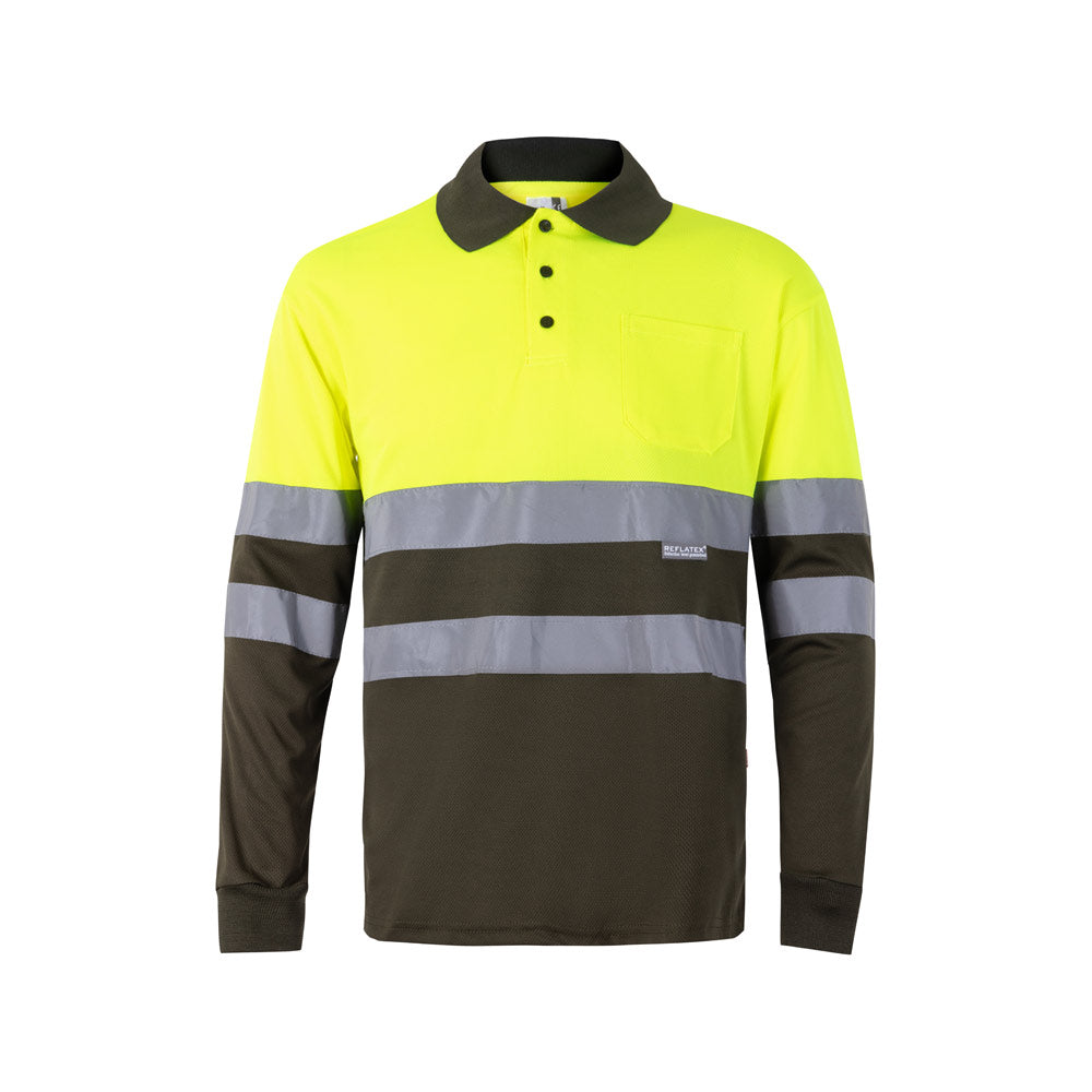 VL VULCAN. Polo bicolor bird-eye (160g/m²) de manga comprida, em poliéster (100%)