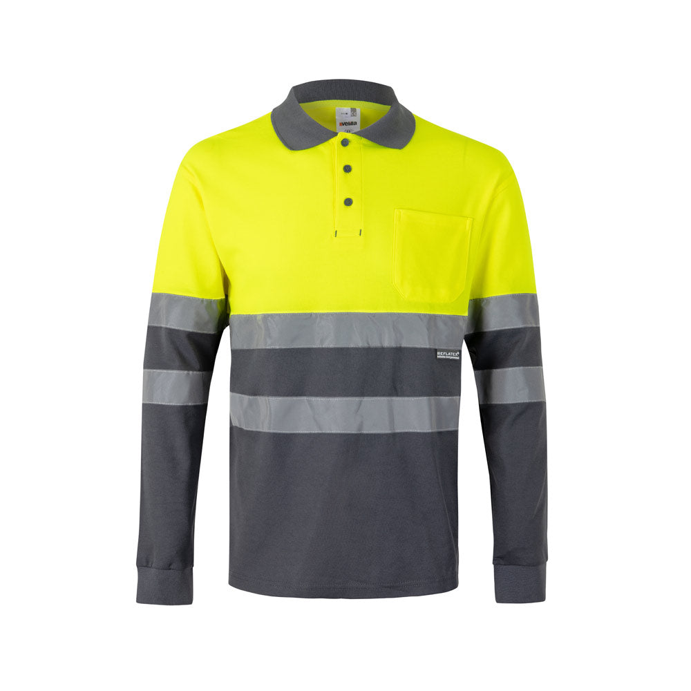 VL PLUTO. Polo bicolor piqué (150g/m²) de manga comprida, em algodão (55%) e poliéster (45%)
