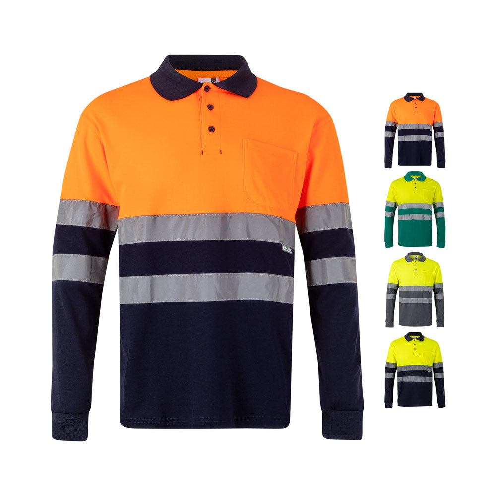 VL PLUTO. Polo bicolor piqué (150g/m²) de manga comprida, em algodão (55%) e poliéster (45%)