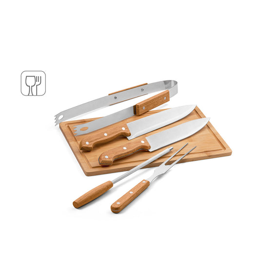 FLARE. Conjunto de 5 peças para barbecue em madeira e aço inoxidável e uma tábua em bambu