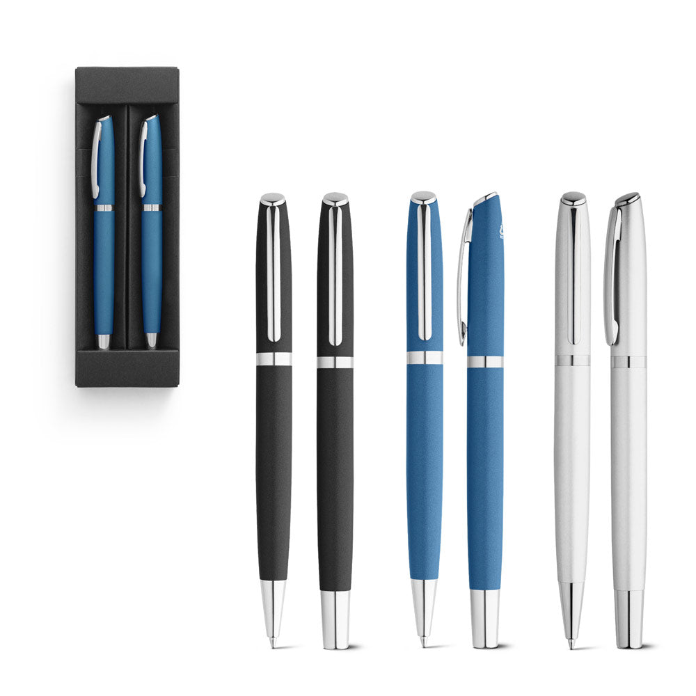 RE-LANDO-SET. Conjunto de roller e esferográfica com corpo em alumínio reciclado (100% rAL)