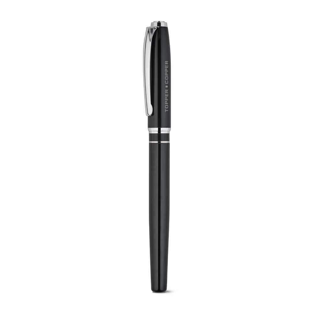 SARAMAGO. Set premium de 1 esferográfica e 1 roller em cobre e aço inoxidável, com escrita em azul