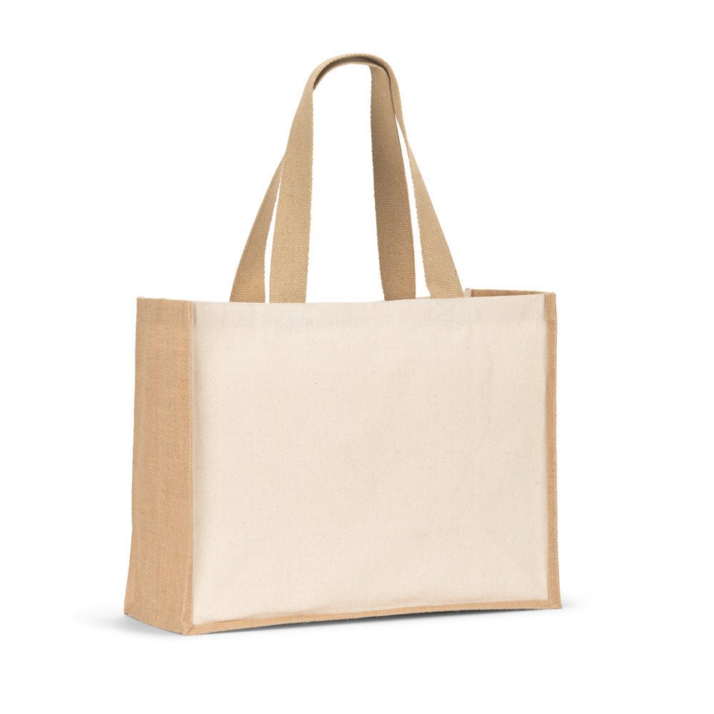 HELSINQUE. Saco em canvas (320g/m²), com fundo e laterais em juta laminada (350 g/m²) de tons naturais