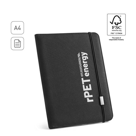 EMERGE FOLDER II. Pasta A4 em poliéster reciclado (100% rPET) 300D com elástico para fecho