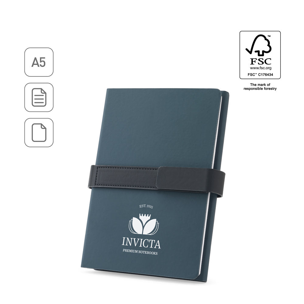 SANDERSON. Bloco de notas A5 em PU (50% reciclado) com dois blocos: páginas pautadas e páginas lisas