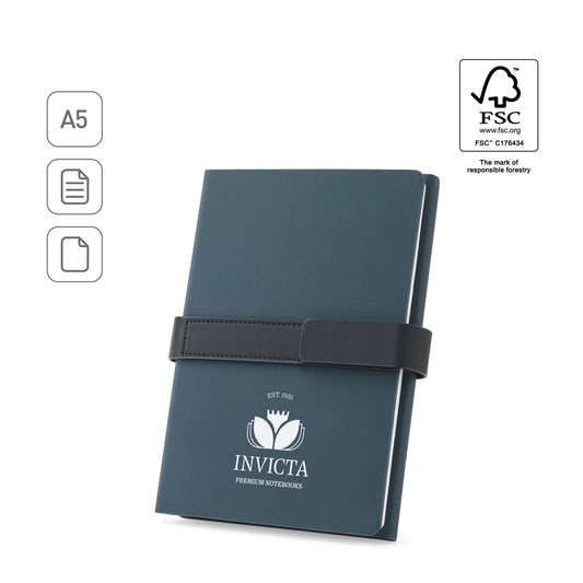 SANDERSON. Bloco de notas A5 em PU (50% reciclado) com dois blocos: páginas pautadas e páginas lisas
