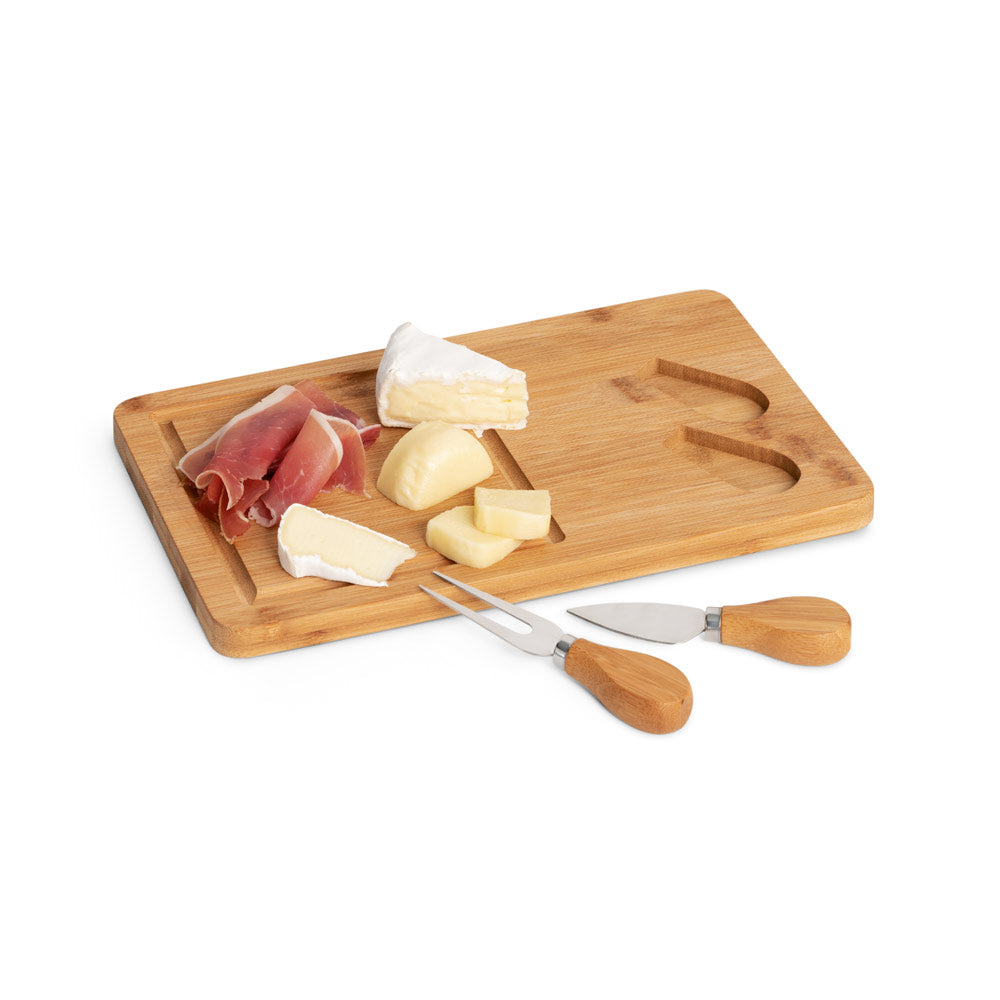 WOODS. Tábua de queijos em bambu com 2 utensílios em bambu e aço inoxidável