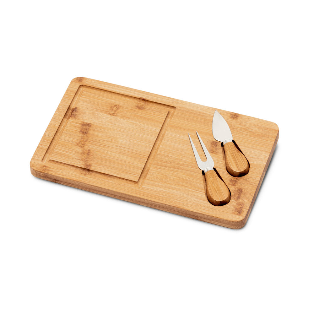 WOODS. Tábua de queijos em bambu com 2 utensílios em bambu e aço inoxidável