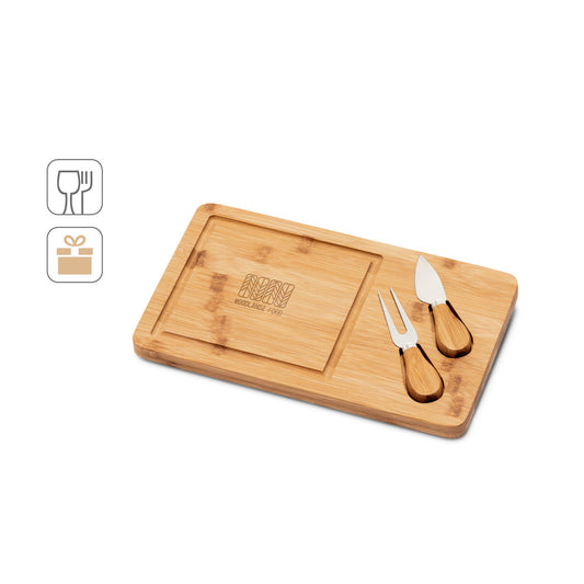 WOODS. Tábua de queijos em bambu com 2 utensílios em bambu e aço inoxidável