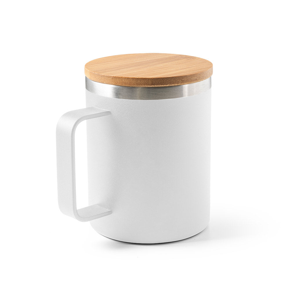 LAUDA. Caneca em 90% de aço inoxidável reciclado com tampa em bambu 420 mL