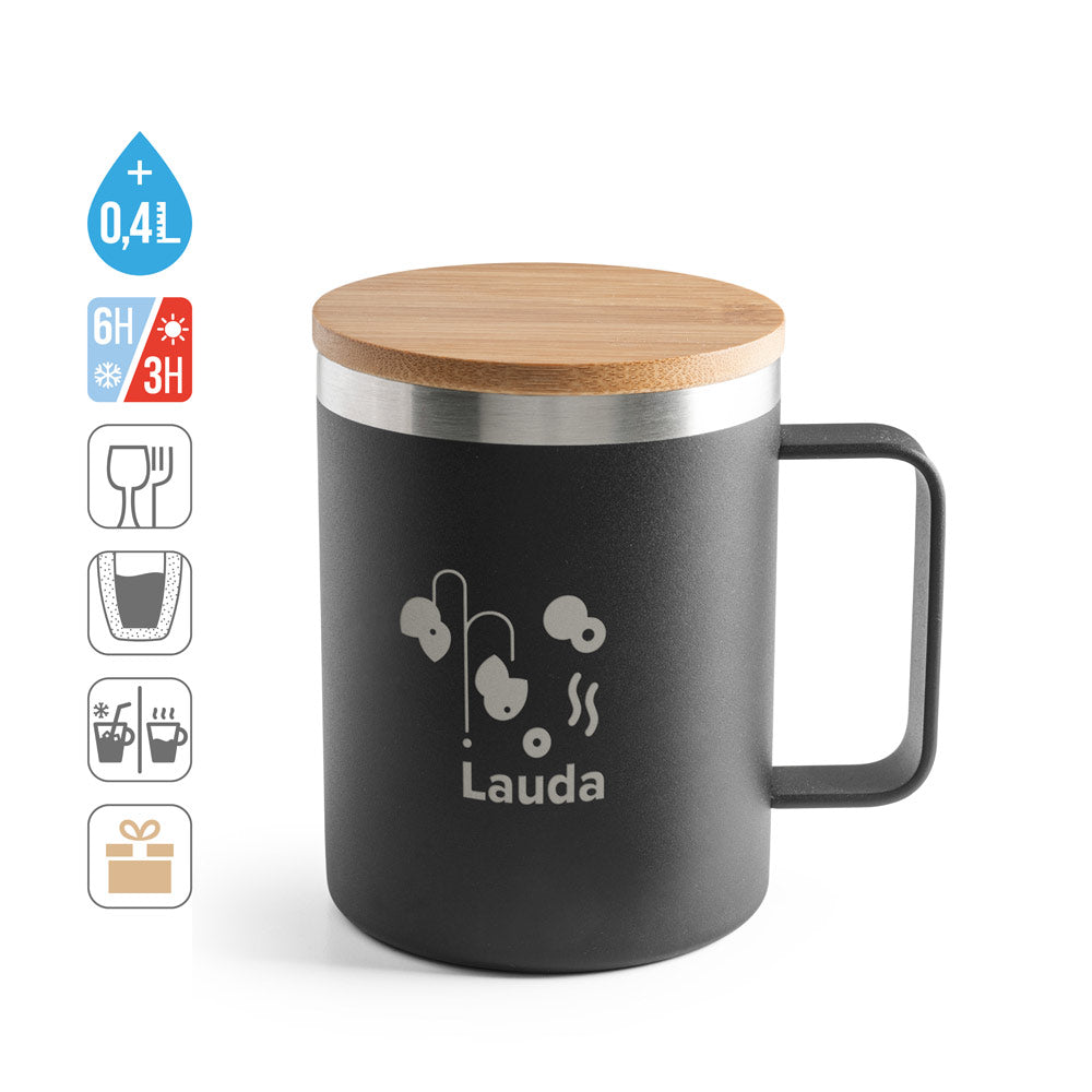 LAUDA. Caneca em 90% de aço inoxidável reciclado com tampa em bambu 420 mL