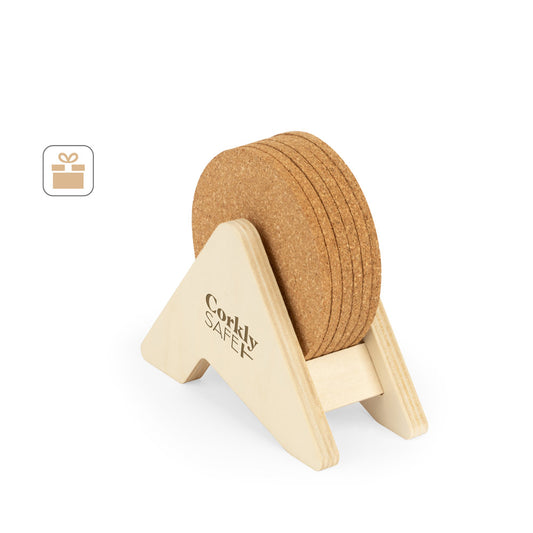 PLYCORK. Suporte em contraplacado com 6 bases para copos em cortiça