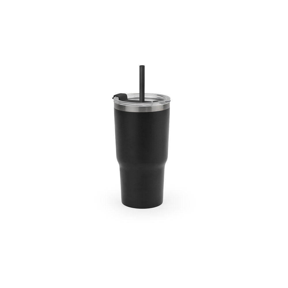 JOYNER M. Copo de viagem compacto em aço inoxidável (91% reciclado) com parede dupla isolada a vácuo e acabamento mate 600 mL