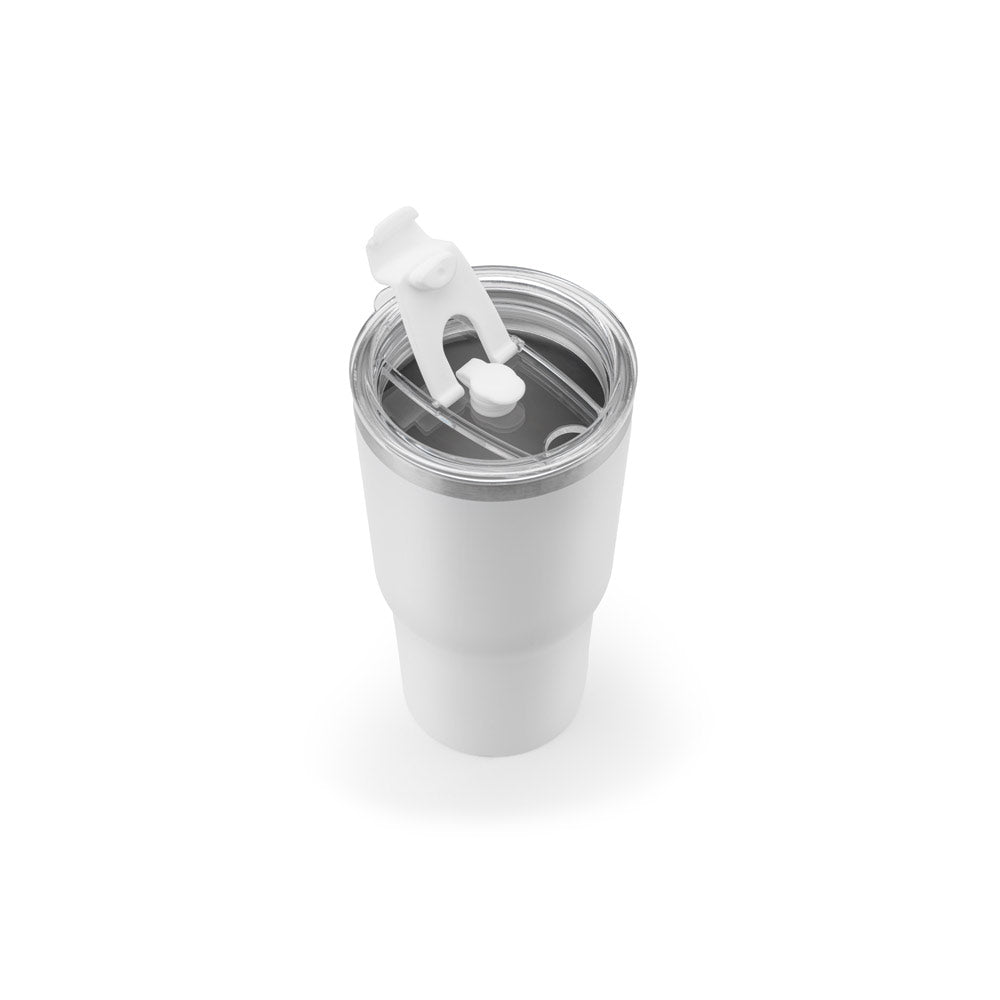 JOYNER M. Copo de viagem compacto em aço inoxidável (91% reciclado) com parede dupla isolada a vácuo e acabamento mate 600 mL