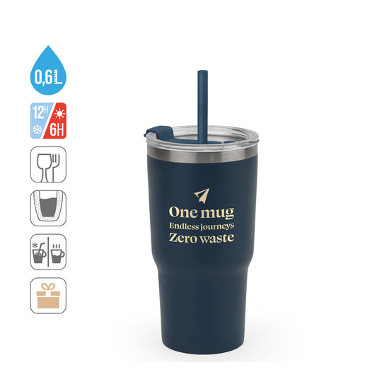 JOYNER M. Copo de viagem compacto em aço inoxidável (91% reciclado) com parede dupla isolada a vácuo e acabamento mate 600 mL