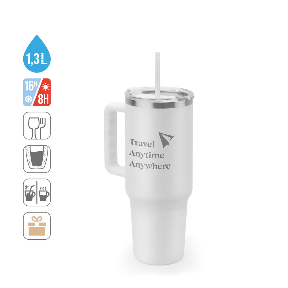 JOYNER XL. Copo de viagem de grande dimensão em aço inoxidável (91% reciclado) com parede dupla isolada a vácuo e acabamento em mate 1300 mL