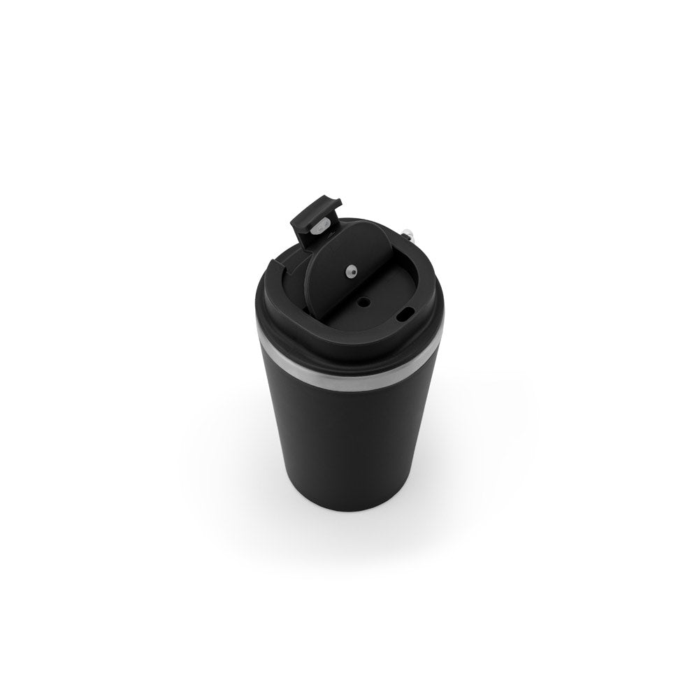SPITZ. Copo de viagem em aço inoxidável (90% reciclado) e parede externa em PP, com acabamento em mate 440 mL