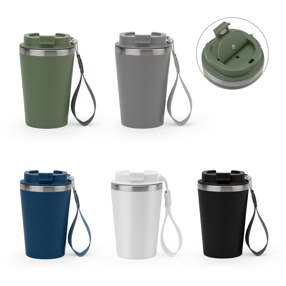 SPITZ. Copo de viagem em aço inoxidável (90% reciclado) e parede externa em PP, com acabamento em mate 440 mL