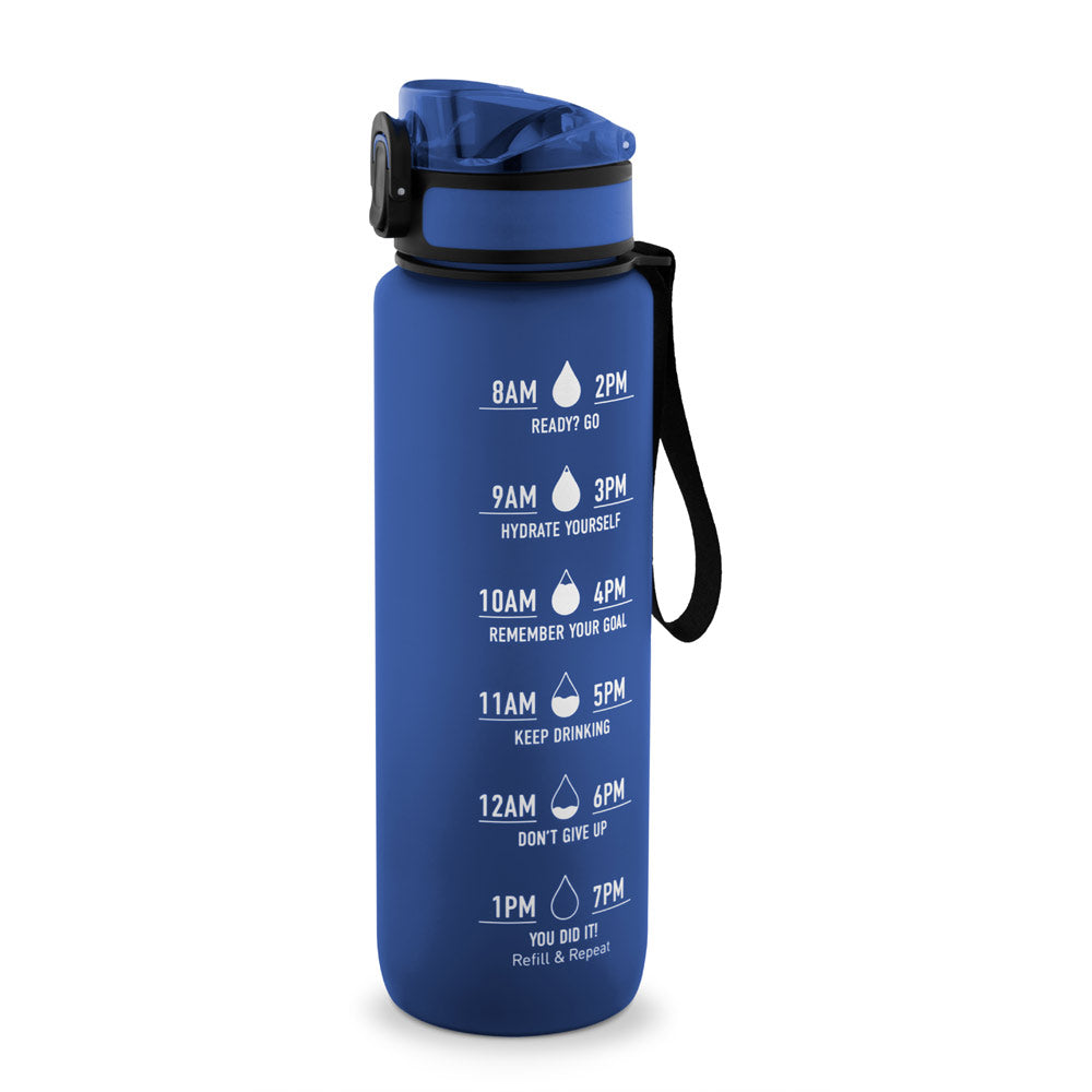 ERIKSSON. Garrafa em PET reciclado (100% rPET), com frases motivacionais e horas indicadas para te incentivar a beber água e manteres-te hidratado durante o dia
