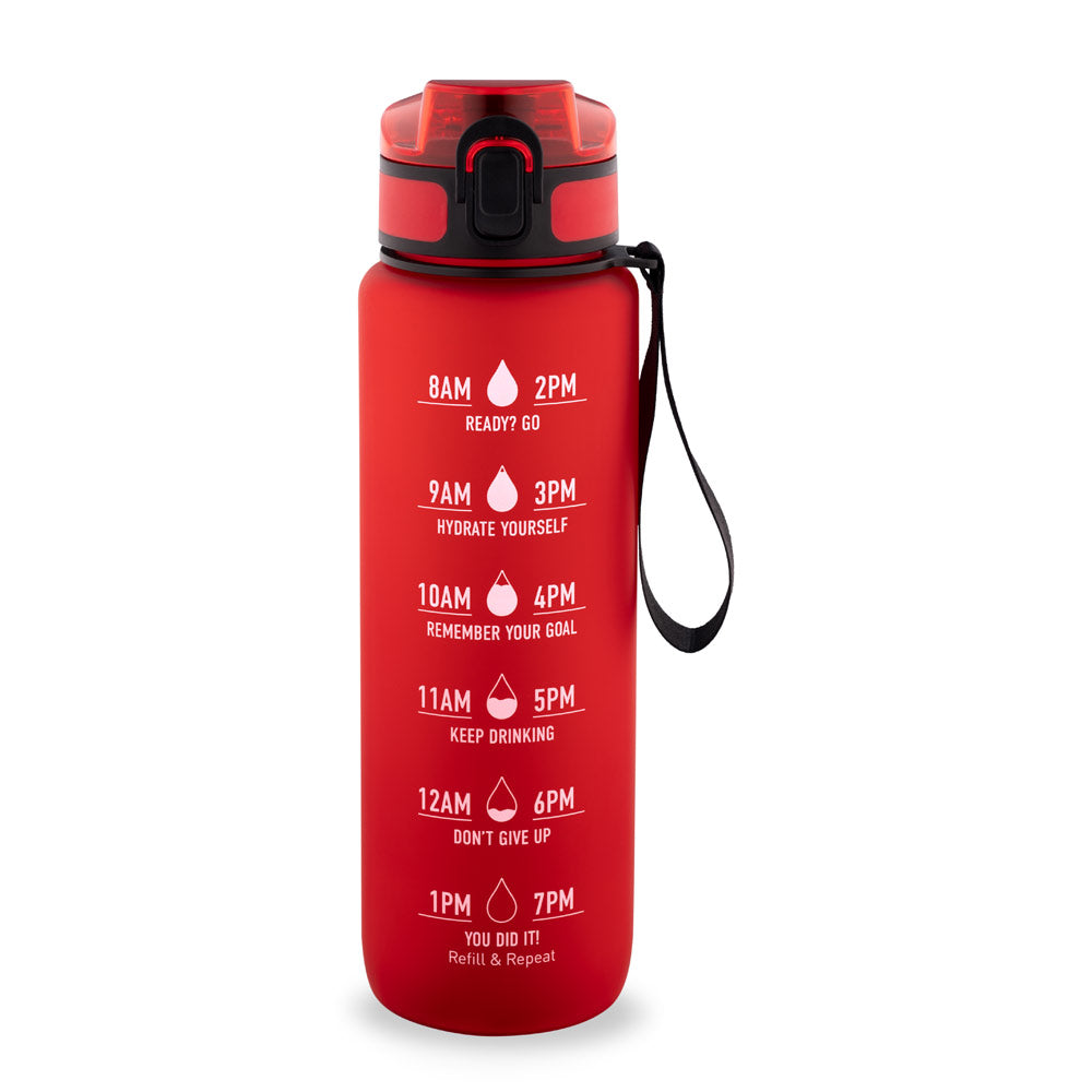 ERIKSSON. Garrafa em PET reciclado (100% rPET), com frases motivacionais e horas indicadas para te incentivar a beber água e manteres-te hidratado durante o dia