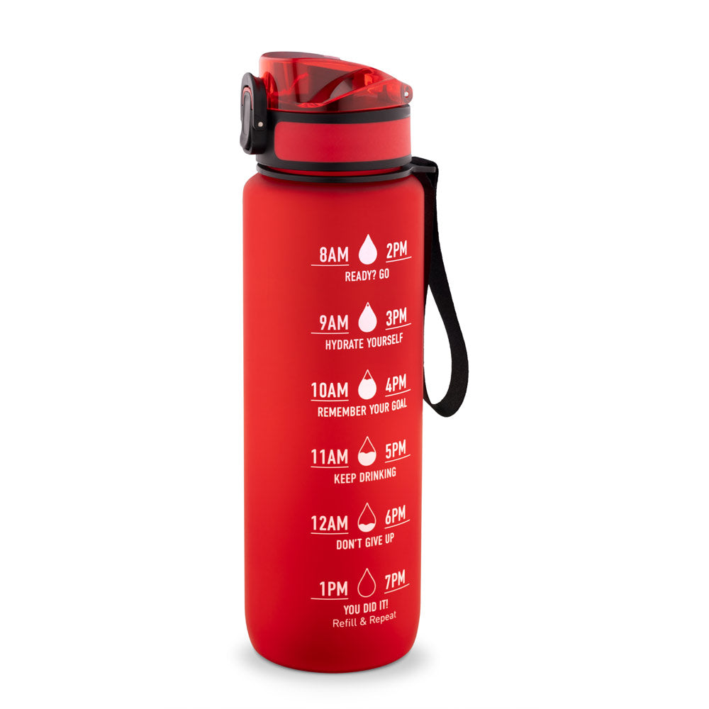 ERIKSSON. Garrafa em PET reciclado (100% rPET), com frases motivacionais e horas indicadas para te incentivar a beber água e manteres-te hidratado durante o dia