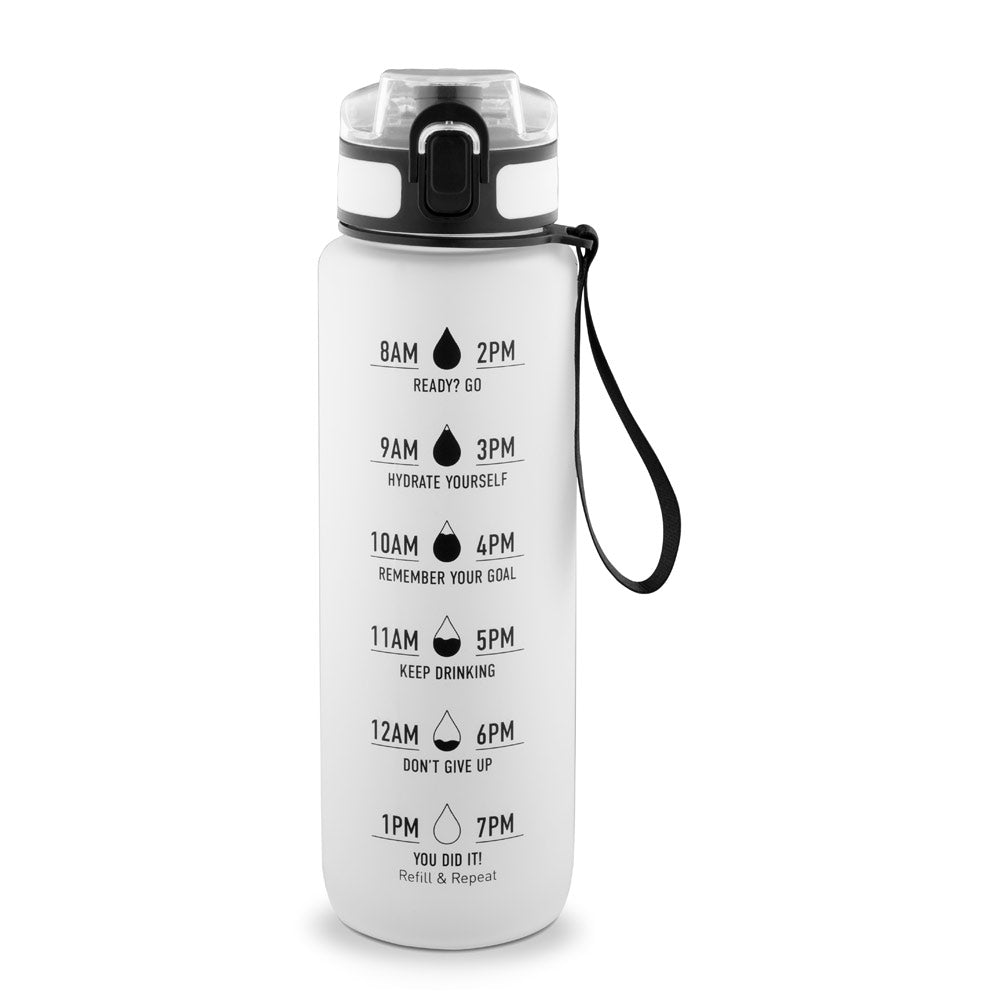 ERIKSSON. Garrafa em PET reciclado (100% rPET), com frases motivacionais e horas indicadas para te incentivar a beber água e manteres-te hidratado durante o dia