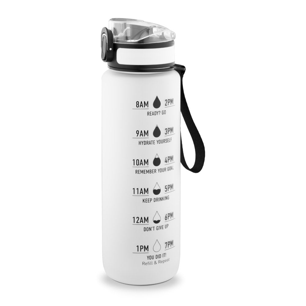 ERIKSSON. Garrafa em PET reciclado (100% rPET), com frases motivacionais e horas indicadas para te incentivar a beber água e manteres-te hidratado durante o dia
