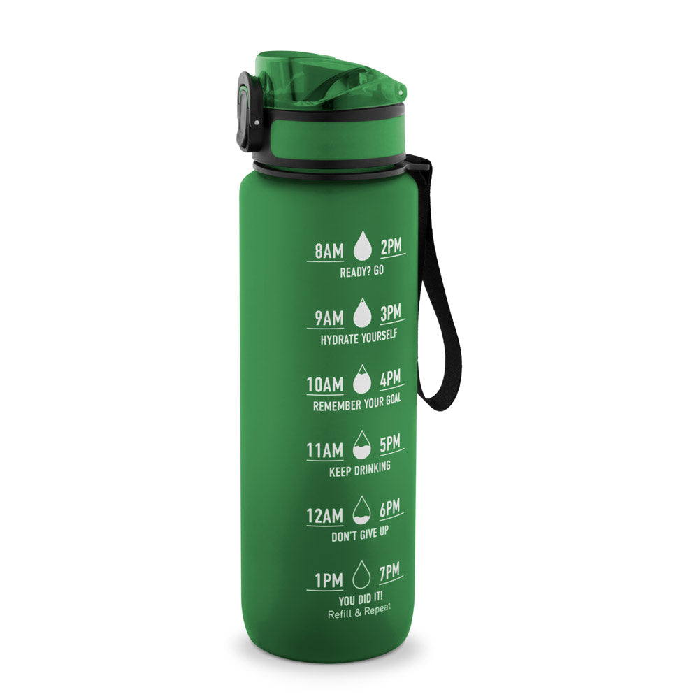 ERIKSSON. Garrafa em PET reciclado (100% rPET), com frases motivacionais e horas indicadas para te incentivar a beber água e manteres-te hidratado durante o dia