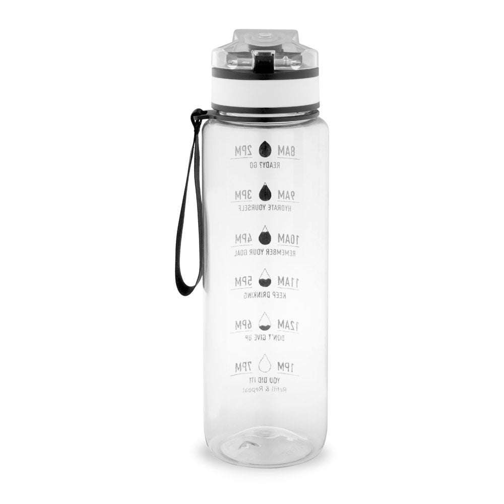 ERIKSSON. Garrafa em PET reciclado (100% rPET), com frases motivacionais e horas indicadas para te incentivar a beber água e manteres-te hidratado durante o dia
