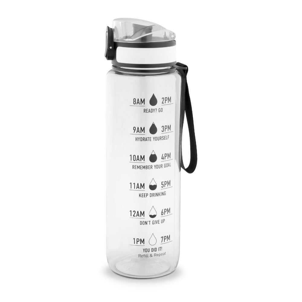 ERIKSSON. Garrafa em PET reciclado (100% rPET), com frases motivacionais e horas indicadas para te incentivar a beber água e manteres-te hidratado durante o dia