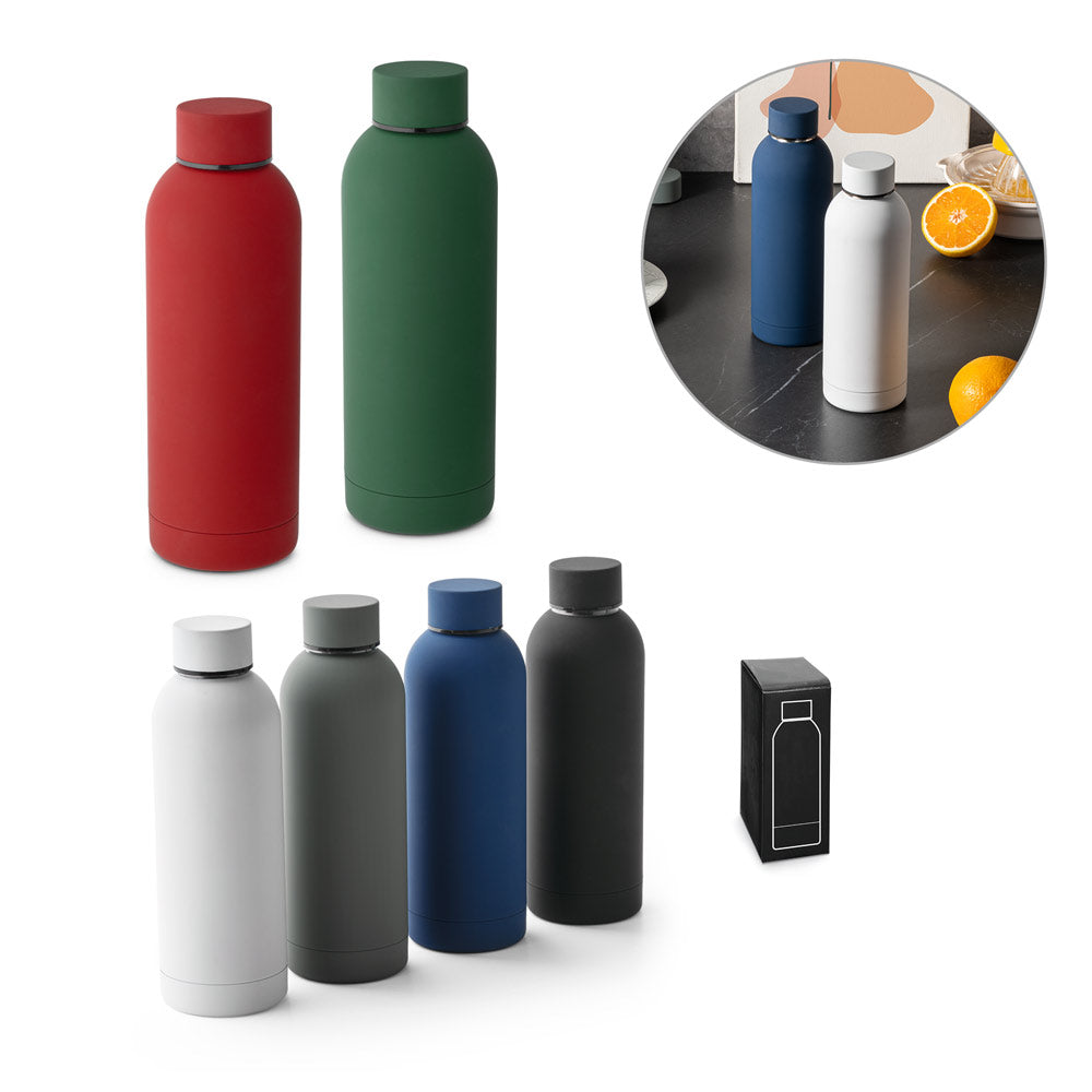ODIN. Garrafa em aço inoxidável (36% reciclado) com acabamento em borracha 550 mL