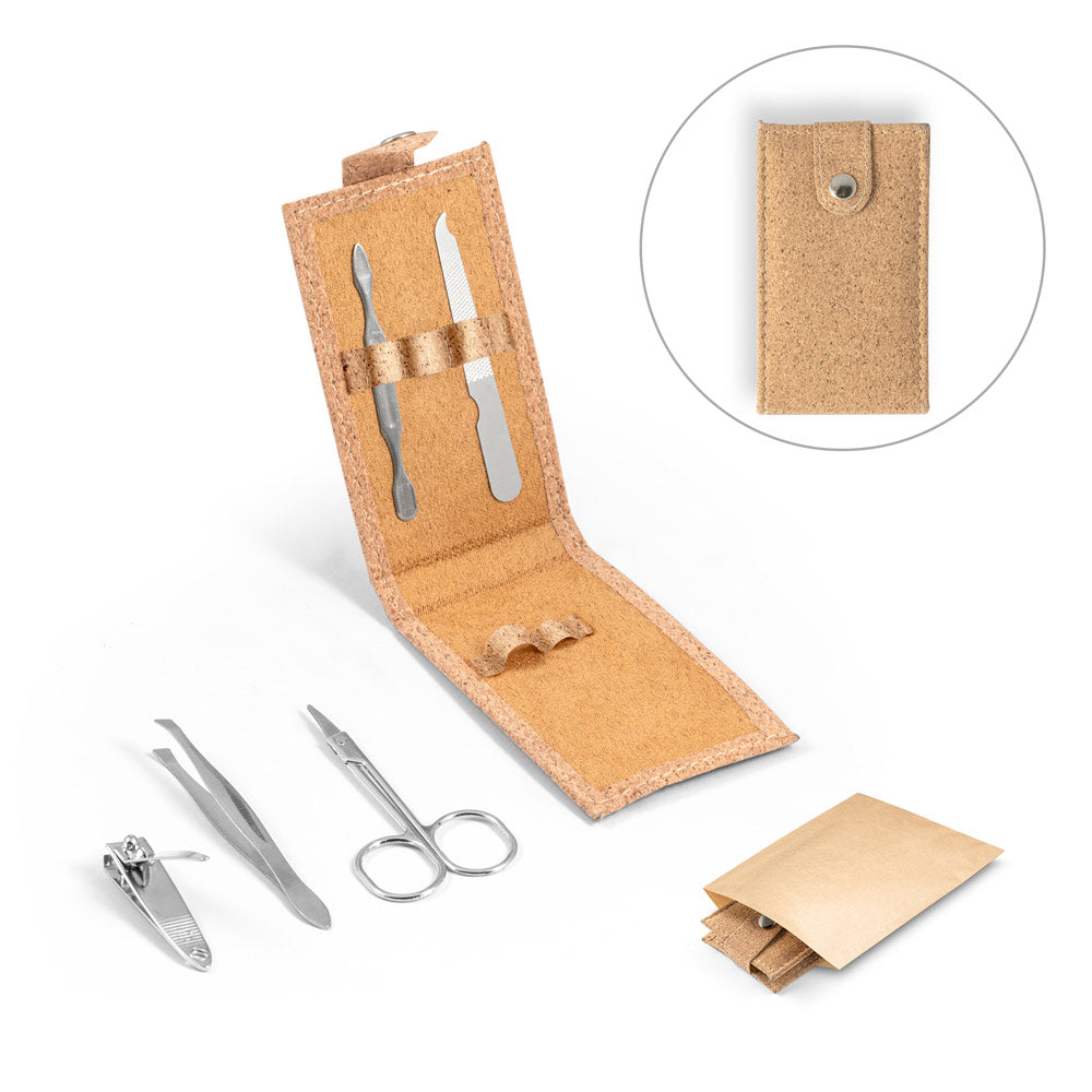 ZENA. Conjunto de manicure em cortiça com peças em aço inoxidável